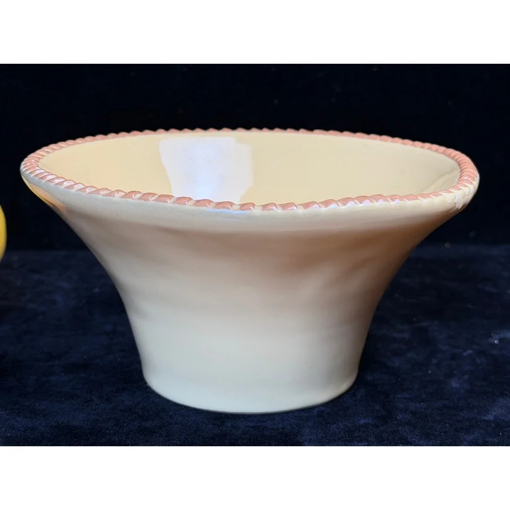 Italy Yellow Ceramic Bowl Scalloped Rim with 6 Wax Fruit Candles Set